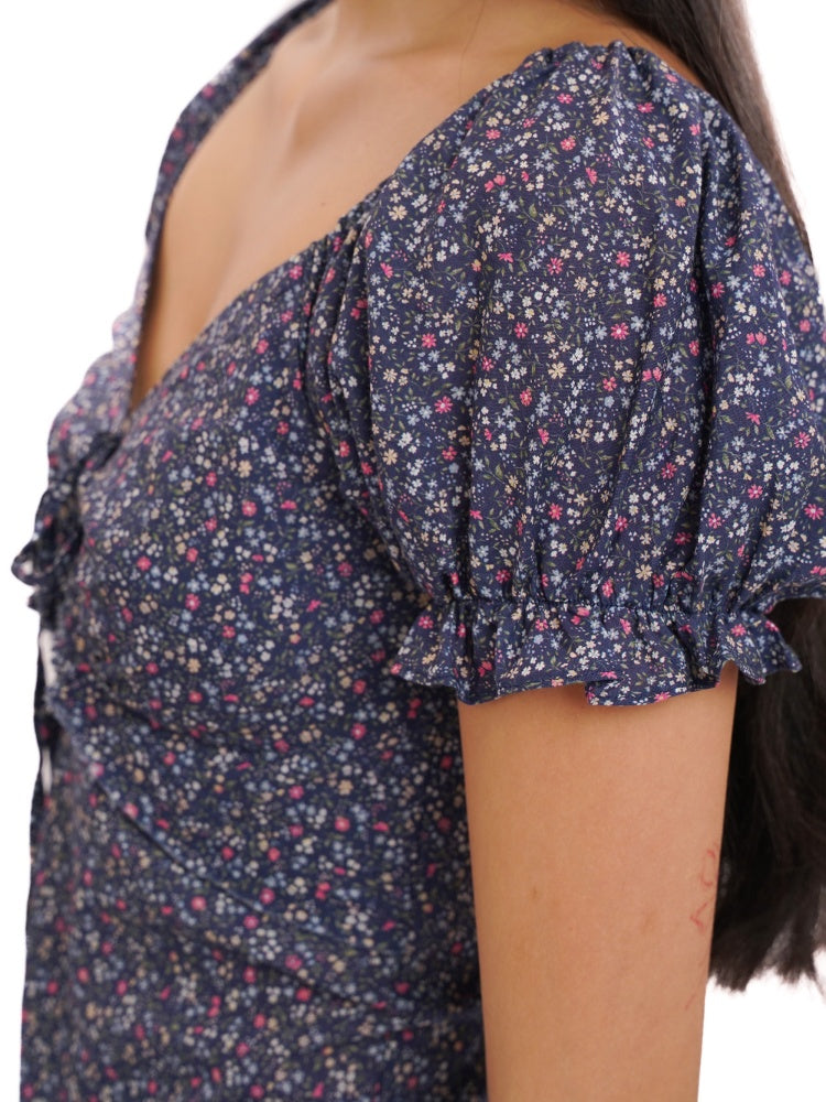 Floral Splicing Mesh Bow Hem Check Pattern Puff Sleeve Tops/Dress【s0000012715】