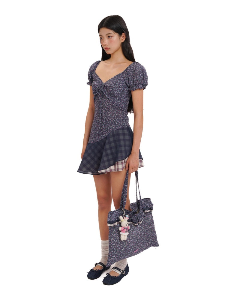 Floral Splicing Mesh Bow Hem Check Pattern Puff Sleeve Tops/Dress【s0000012715】