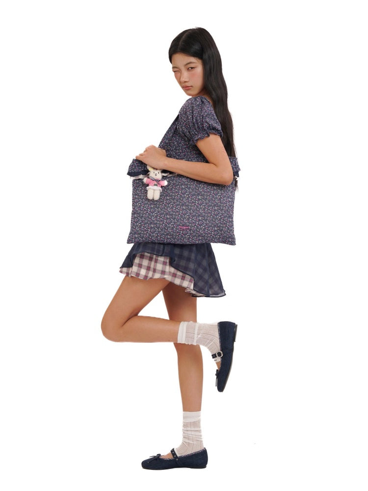 Floral Splicing Mesh Bow Hem Check Pattern Puff Sleeve Tops/Dress【s0000012715】