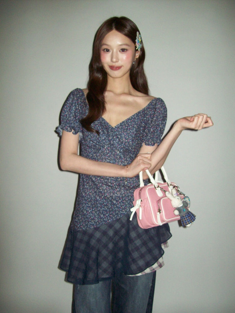 Floral Splicing Mesh Bow Hem Check Pattern Puff Sleeve Tops/Dress【s0000012715】