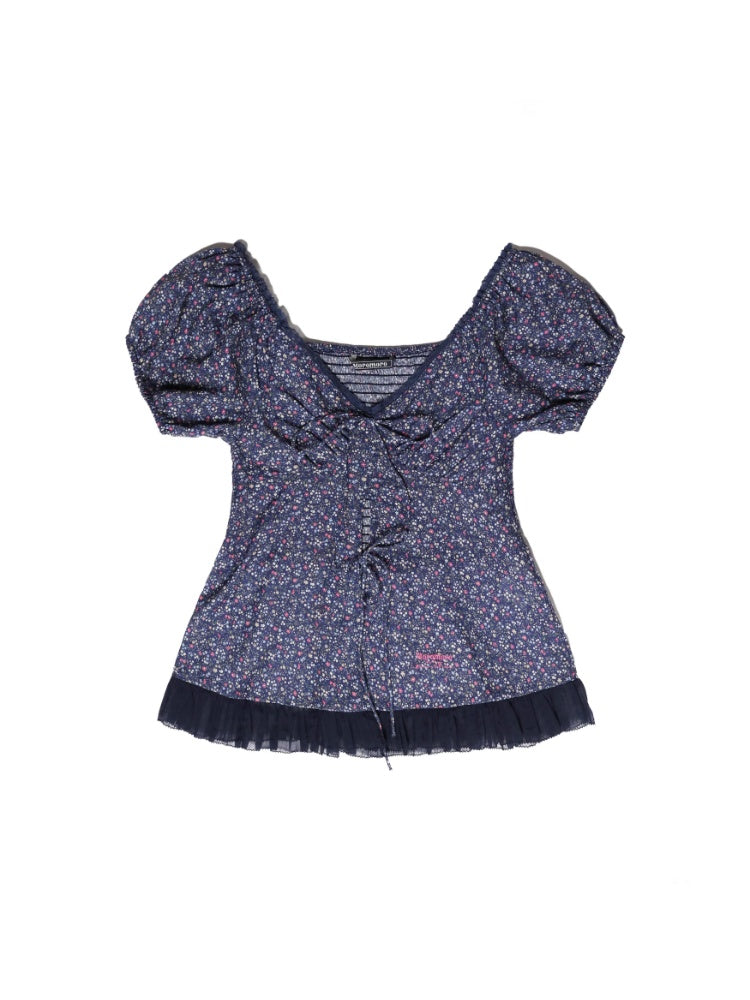 Floral Splicing Mesh Bow Hem Check Pattern Puff Sleeve Tops/Dress【s0000012715】