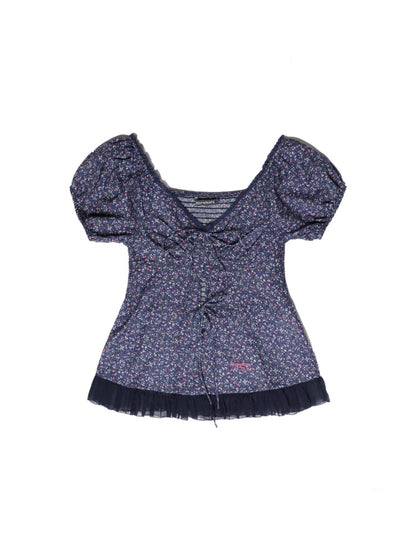Floral Splicing Mesh Bow Hem Check Pattern Puff Sleeve Tops/Dress【s0000012715】