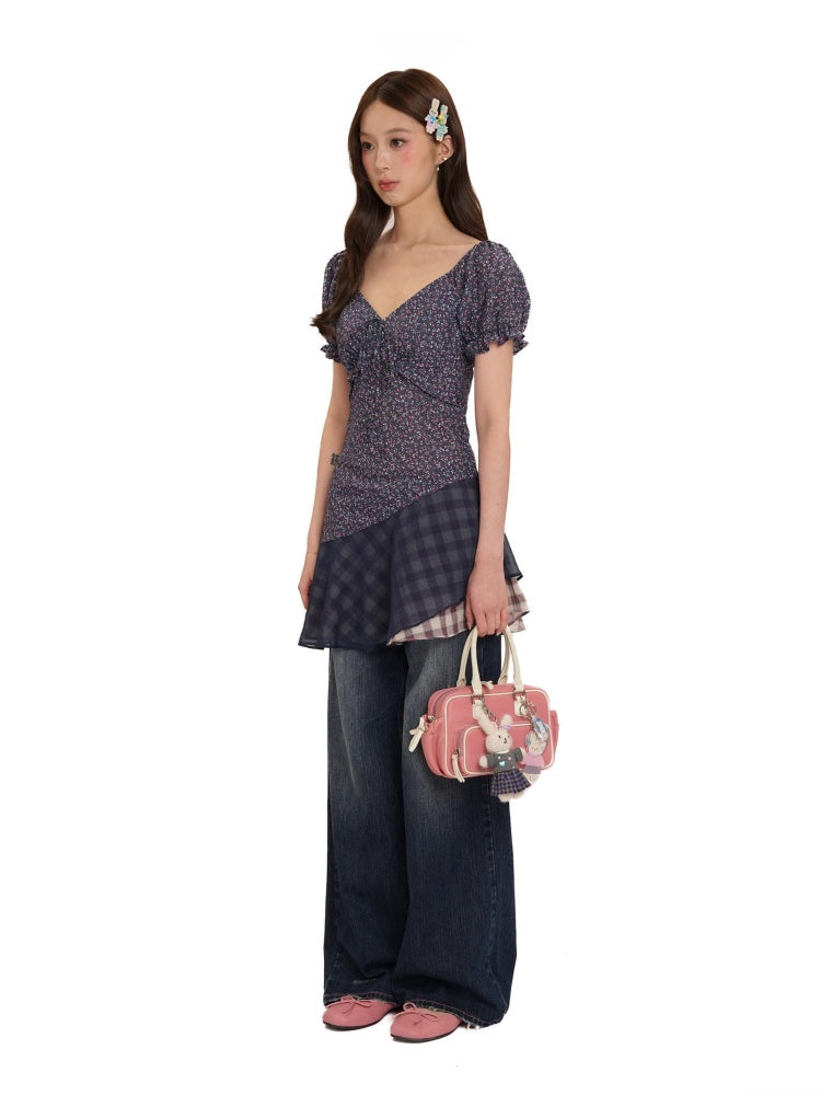 Floral Splicing Mesh Bow Hem Check Pattern Puff Sleeve Tops/Dress【s0000012715】