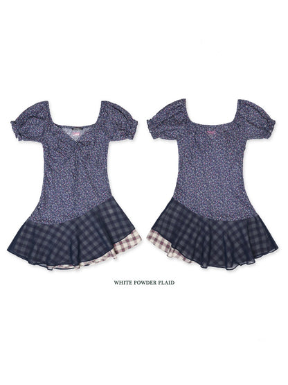 Floral Splicing Mesh Bow Hem Check Pattern Puff Sleeve Tops/Dress【s0000012715】