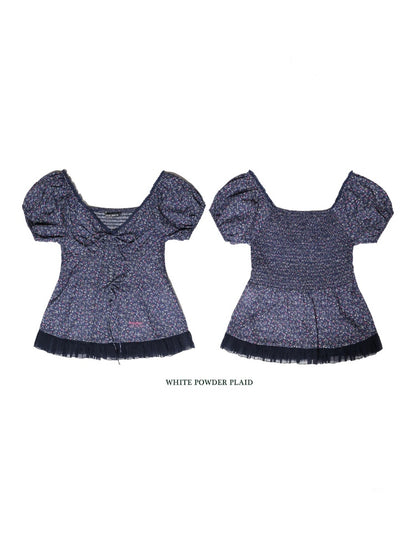 Floral Splicing Mesh Bow Hem Check Pattern Puff Sleeve Tops/Dress【s0000012715】