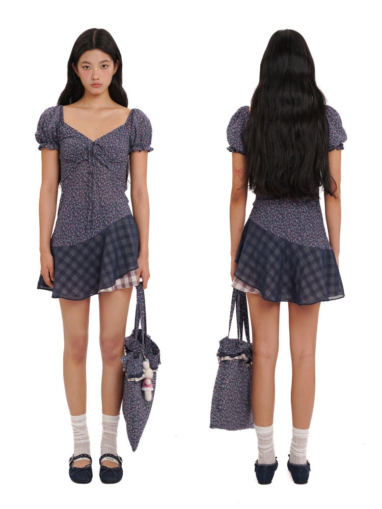Floral Splicing Mesh Bow Hem Check Pattern Puff Sleeve Tops/Dress【s0000012715】