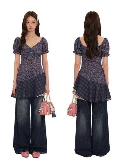 Floral Splicing Mesh Bow Hem Check Pattern Puff Sleeve Tops/Dress【s0000012715】