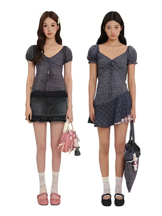 Floral Splicing Mesh Bow Hem Check Pattern Puff Sleeve Tops/Dress【s0000012715】