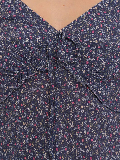 Floral Splicing Mesh Bow Hem Check Pattern Puff Sleeve Tops/Dress【s0000012715】