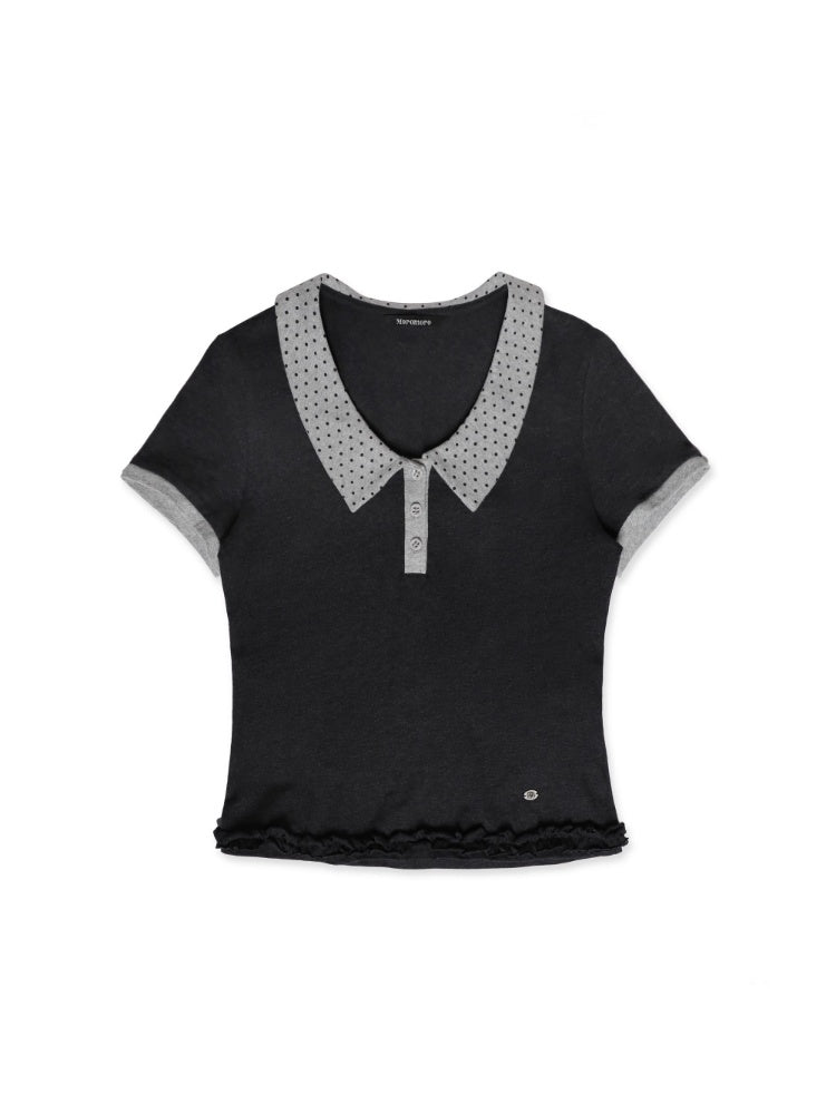 Contrast Dot Collared Ruffled Hem Polo Shirt【s0000012717】
