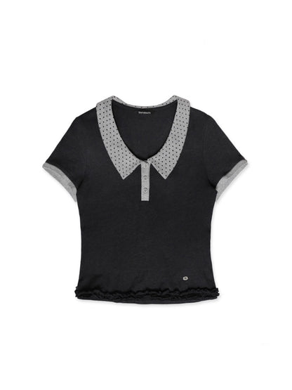 Contrast Dot Collared Ruffled Hem Polo Shirt【s0000012717】