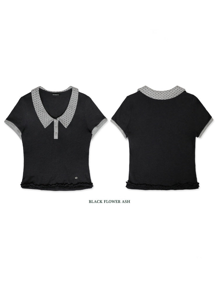 Contrast Dot Collared Ruffled Hem Polo Shirt【s0000012717】