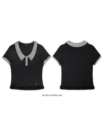 Contrast Dot Collared Ruffled Hem Polo Shirt【s0000012717】
