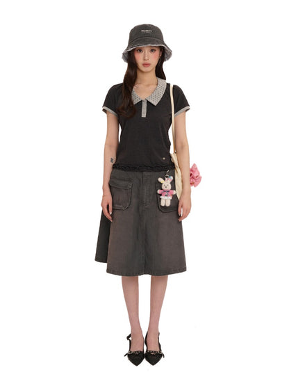 Contrast Dot Collared Ruffled Hem Polo Shirt【s0000012717】