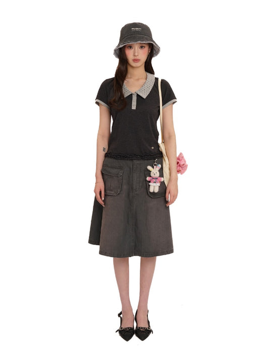 Contrast Dot Collared Ruffled Hem Polo Shirt【s0000012717】