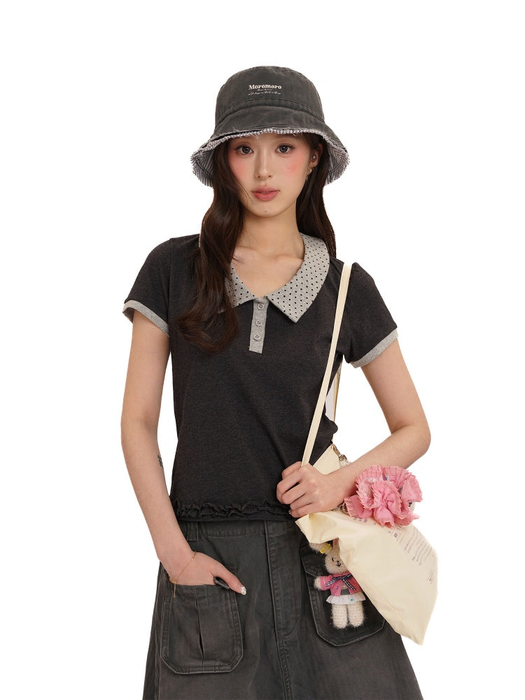 Contrast Dot Collared Ruffled Hem Polo Shirt【s0000012717】