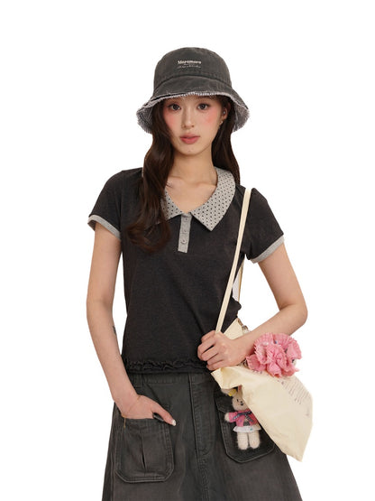 Contrast Dot Collared Ruffled Hem Polo Shirt【s0000012717】