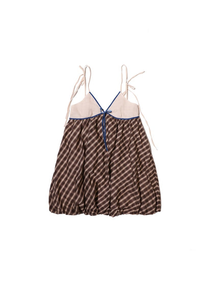 Coffee Color Check Blouse/Ribbon Suspender Dress/Crocheted Cardigan【s0000012718】