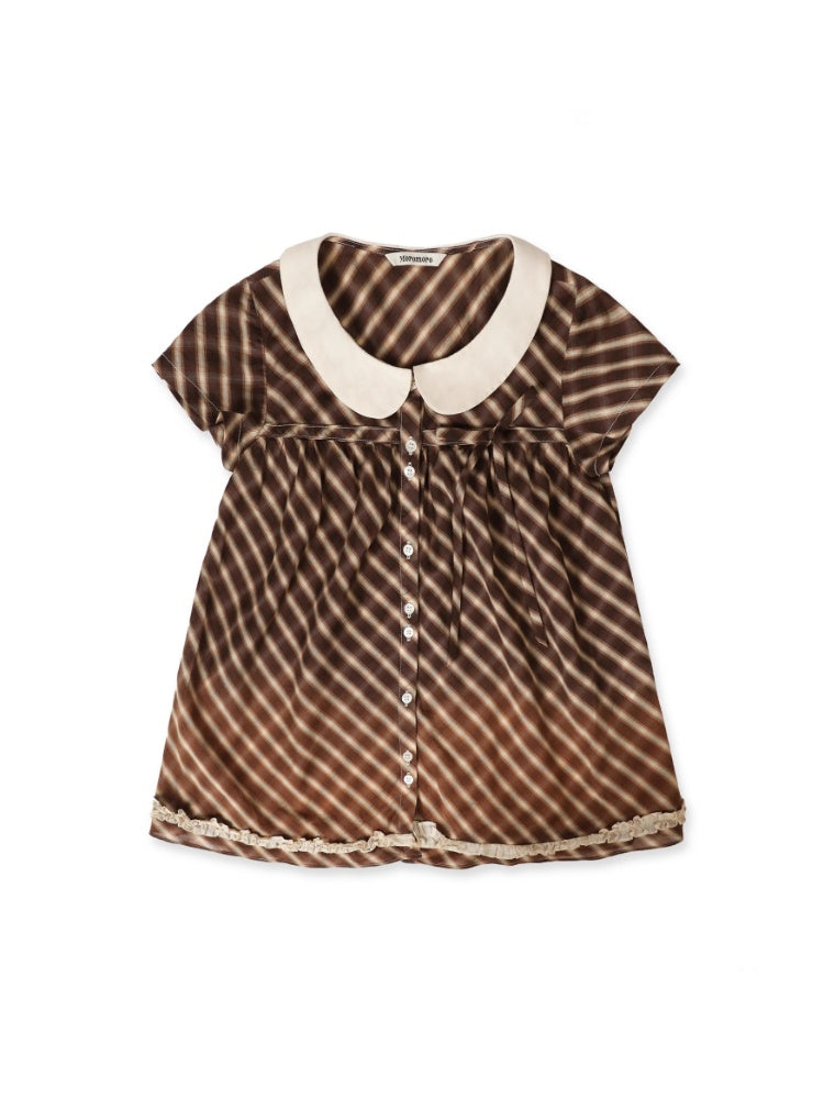 Coffee Color Check Blouse/Ribbon Suspender Dress/Crocheted Cardigan【s0000012718】
