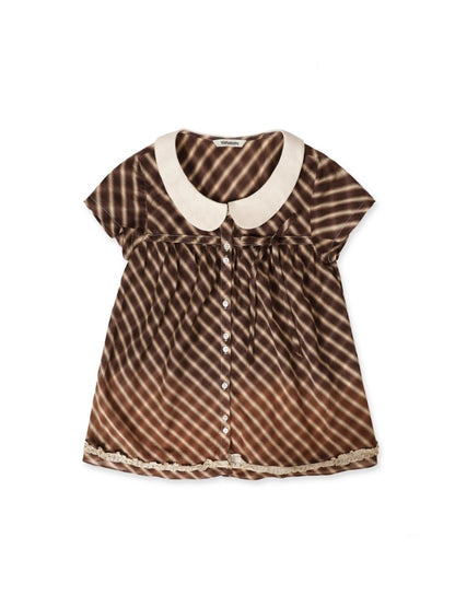 Coffee Color Check Blouse/Ribbon Suspender Dress/Crocheted Cardigan【s0000012718】
