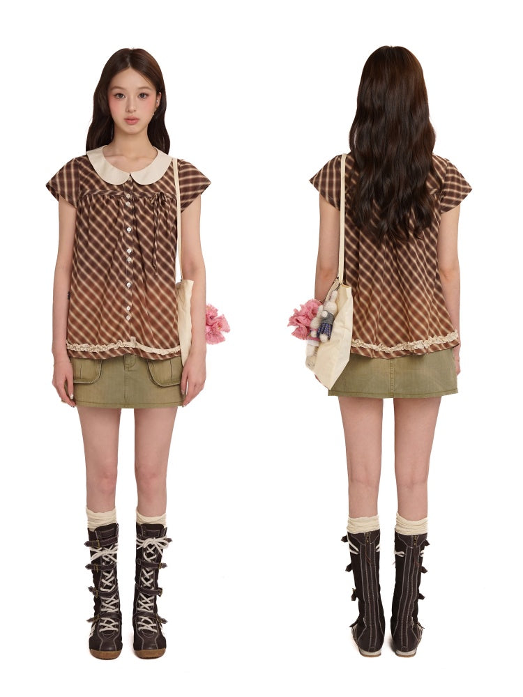 Coffee Color Check Blouse/Ribbon Suspender Dress/Crocheted Cardigan【s0000012718】