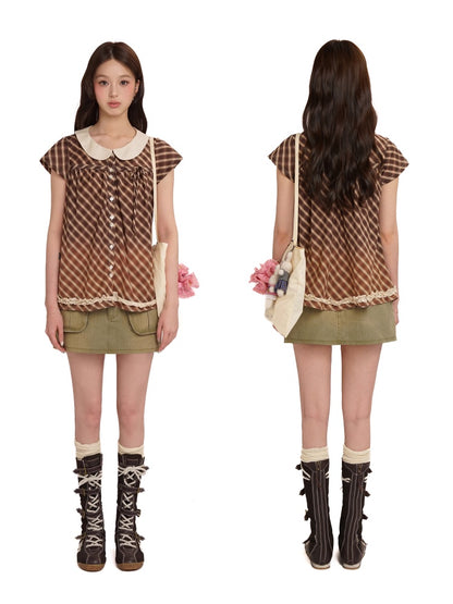 Coffee Color Check Blouse/Ribbon Suspender Dress/Crocheted Cardigan【s0000012718】