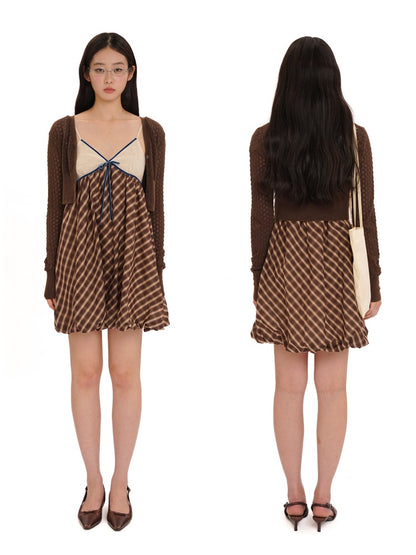 Coffee Color Check Blouse/Ribbon Suspender Dress/Crocheted Cardigan【s0000012718】