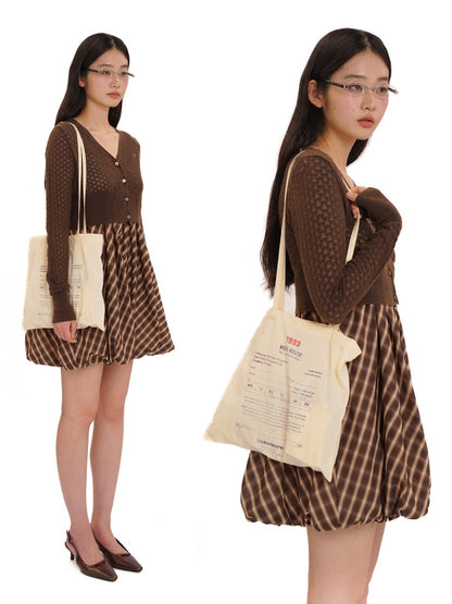 Coffee Color Check Blouse/Ribbon Suspender Dress/Crocheted Cardigan【s0000012718】