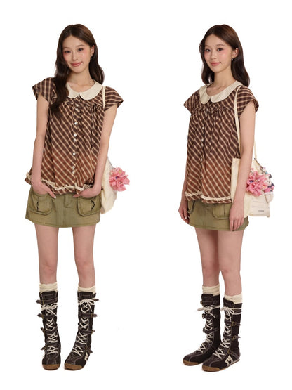 Coffee Color Check Blouse/Ribbon Suspender Dress/Crocheted Cardigan【s0000012718】