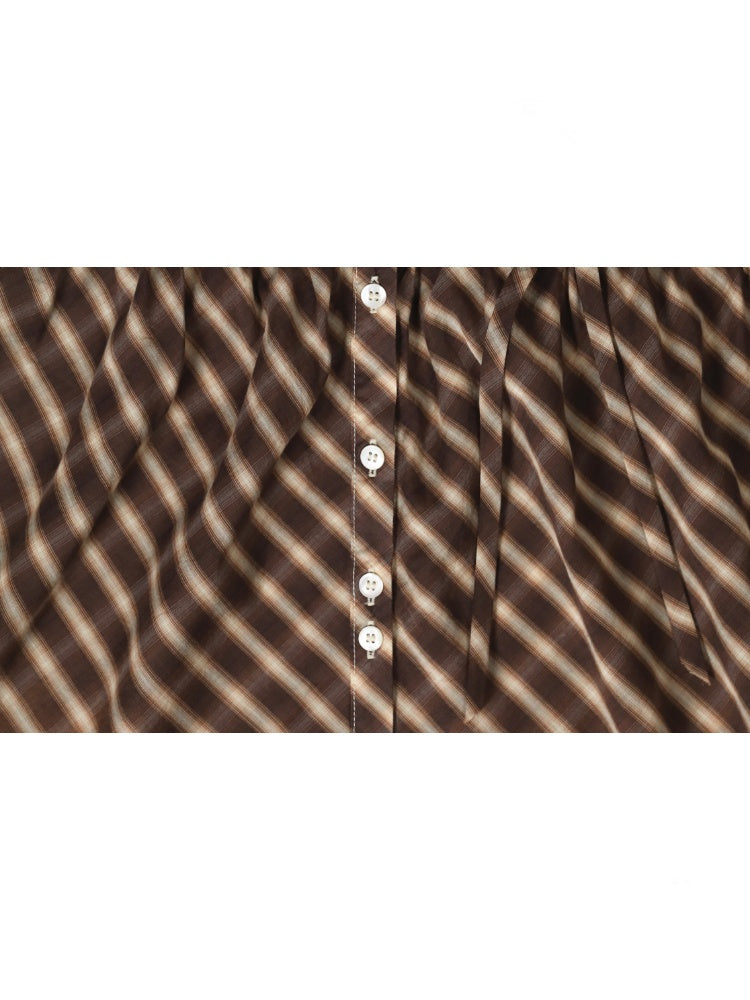 Coffee Color Check Blouse/Ribbon Suspender Dress/Crocheted Cardigan【s0000012718】