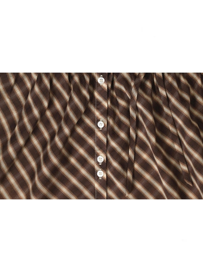 Coffee Color Check Blouse/Ribbon Suspender Dress/Crocheted Cardigan【s0000012718】