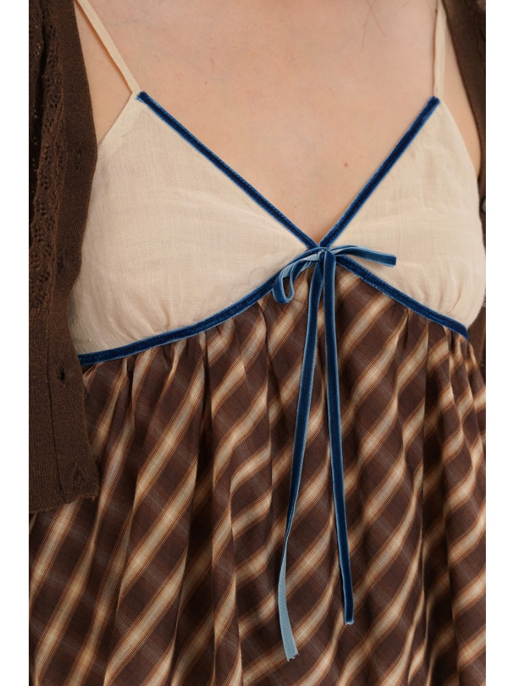 Coffee Color Check Blouse/Ribbon Suspender Dress/Crocheted Cardigan【s0000012718】