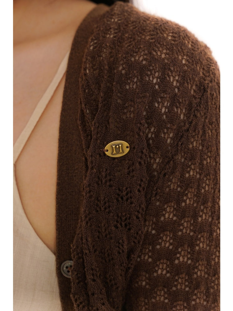 Coffee Color Check Blouse/Ribbon Suspender Dress/Crocheted Cardigan【s0000012718】