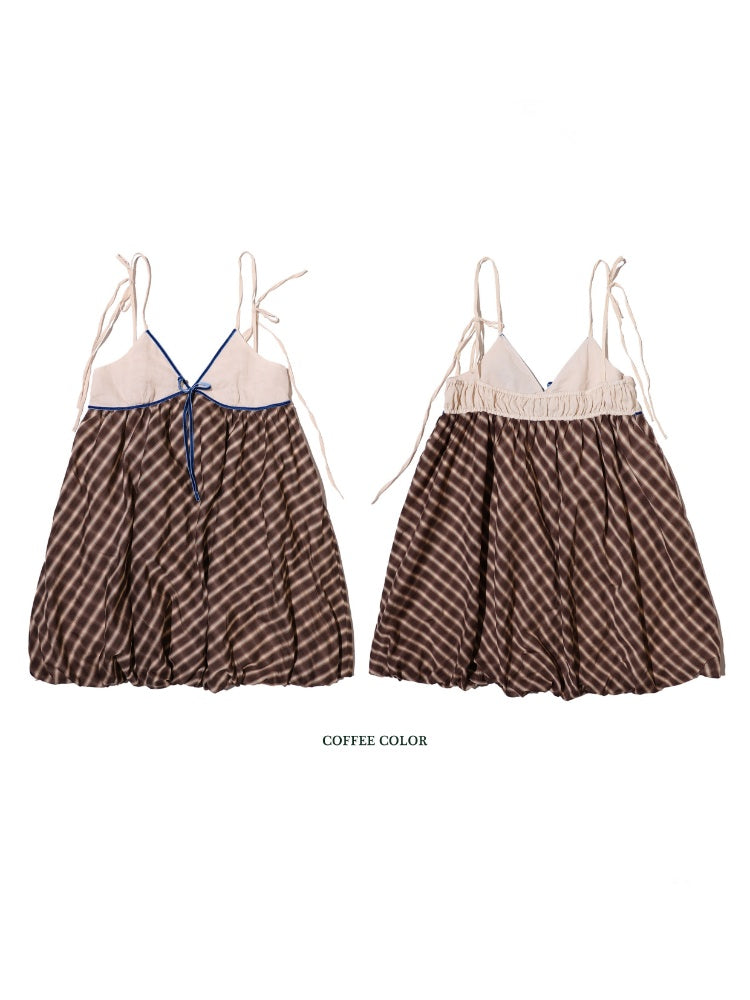 Coffee Color Check Blouse/Ribbon Suspender Dress/Crocheted Cardigan【s0000012718】