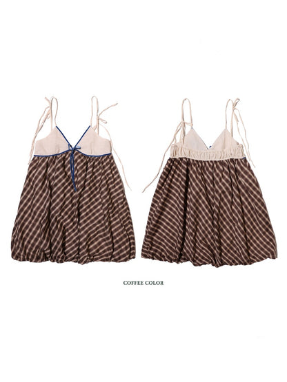 Coffee Color Check Blouse/Ribbon Suspender Dress/Crocheted Cardigan【s0000012718】