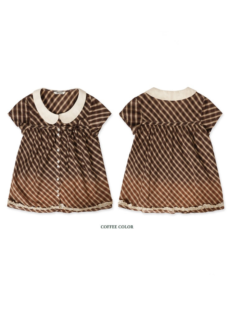 Coffee Color Check Blouse/Ribbon Suspender Dress/Crocheted Cardigan【s0000012718】