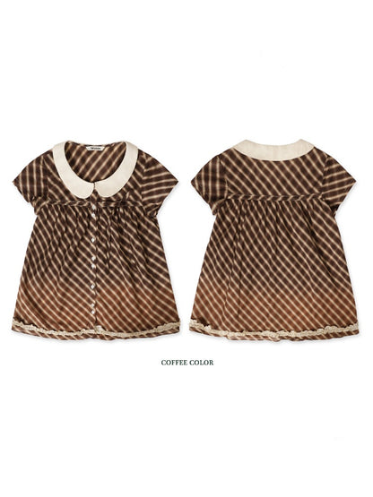 Coffee Color Check Blouse/Ribbon Suspender Dress/Crocheted Cardigan【s0000012718】