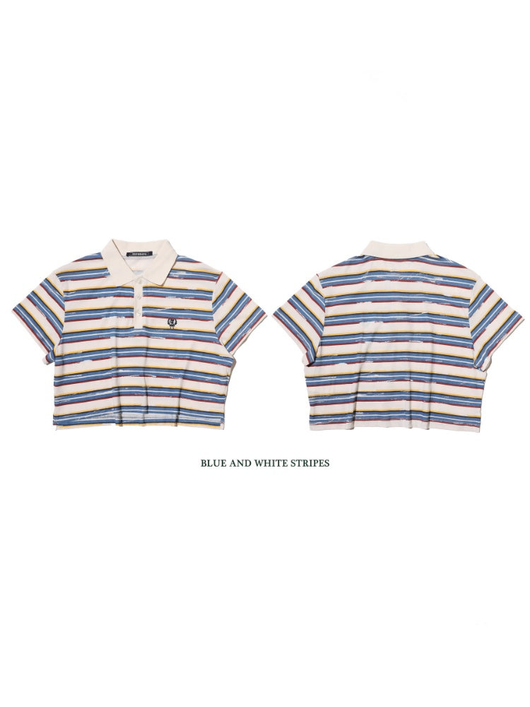 Contrast Stripe Vintage Look Cropped Polo Collar  T-Shirt【s0000012720】