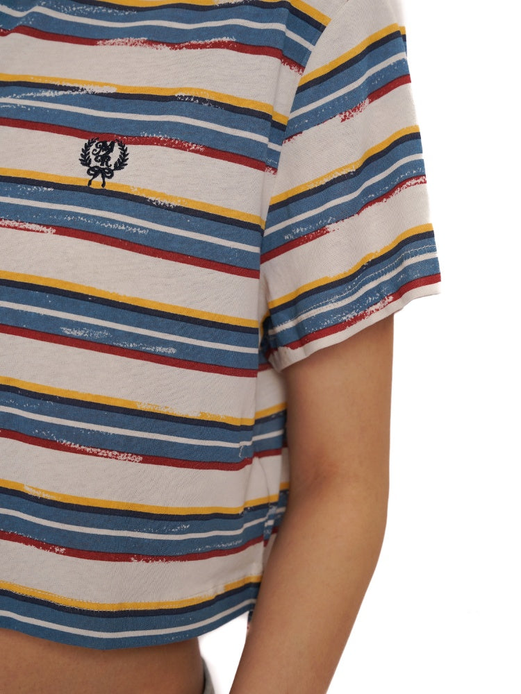 Contrast Stripe Vintage Look Cropped Polo Collar  T-Shirt【s0000012720】