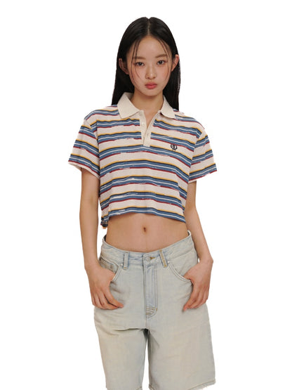 Contrast Stripe Vintage Look Cropped Polo Collar  T-Shirt【s0000012720】