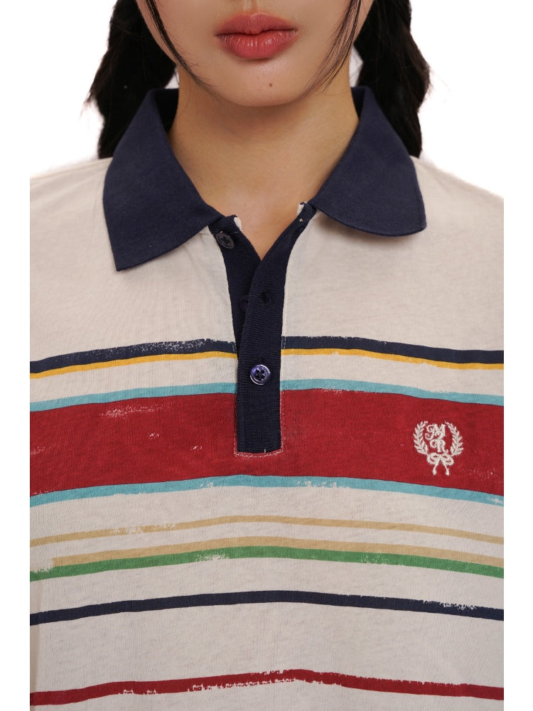 Contrast Stripe Vintage Look Cropped Polo Collar  T-Shirt【s0000012720】