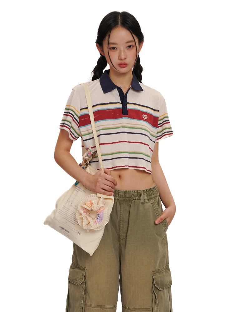Contrast Stripe Vintage Look Cropped Polo Collar  T-Shirt【s0000012720】