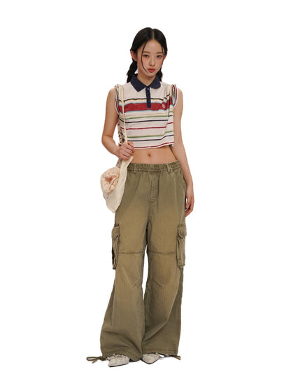 Contrast Stripe Vintage Look Cropped Polo Collar  T-Shirt【s0000012720】