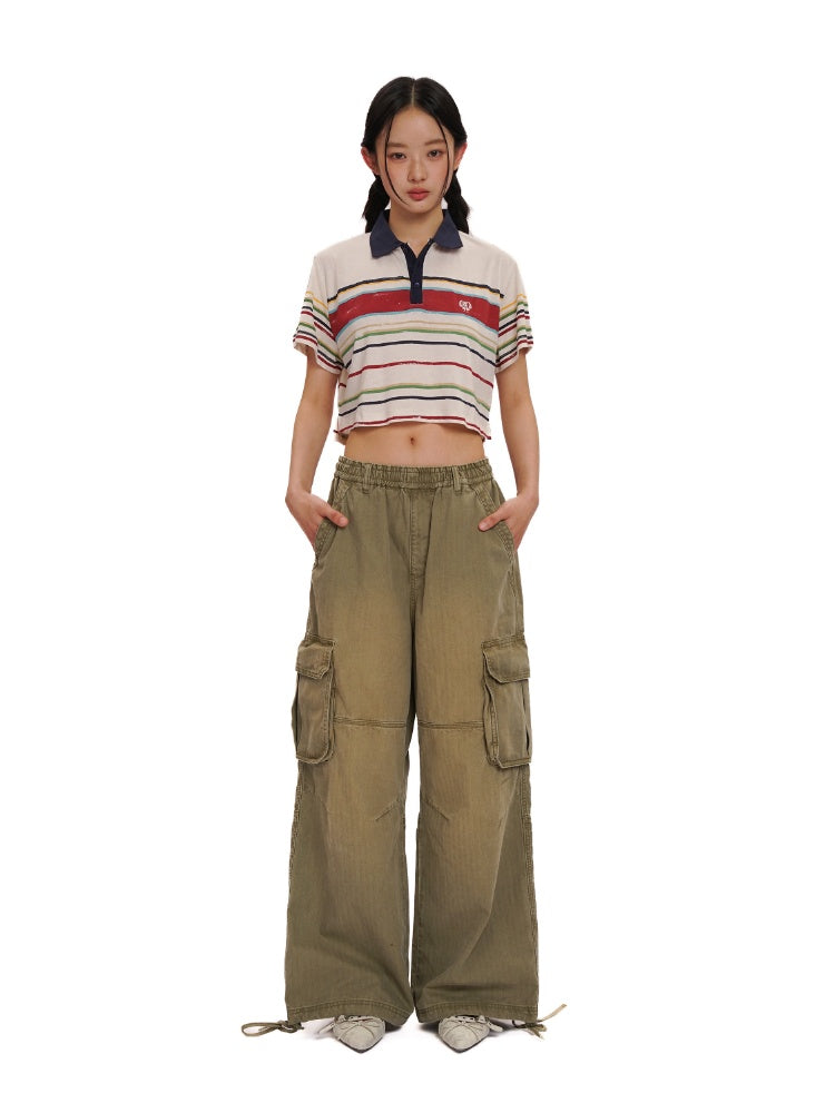 Contrast Stripe Vintage Look Cropped Polo Collar  T-Shirt【s0000012720】