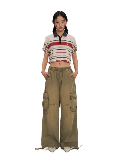 Contrast Stripe Vintage Look Cropped Polo Collar  T-Shirt【s0000012720】