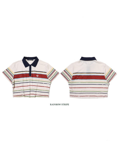 Contrast Stripe Vintage Look Cropped Polo Collar  T-Shirt【s0000012720】