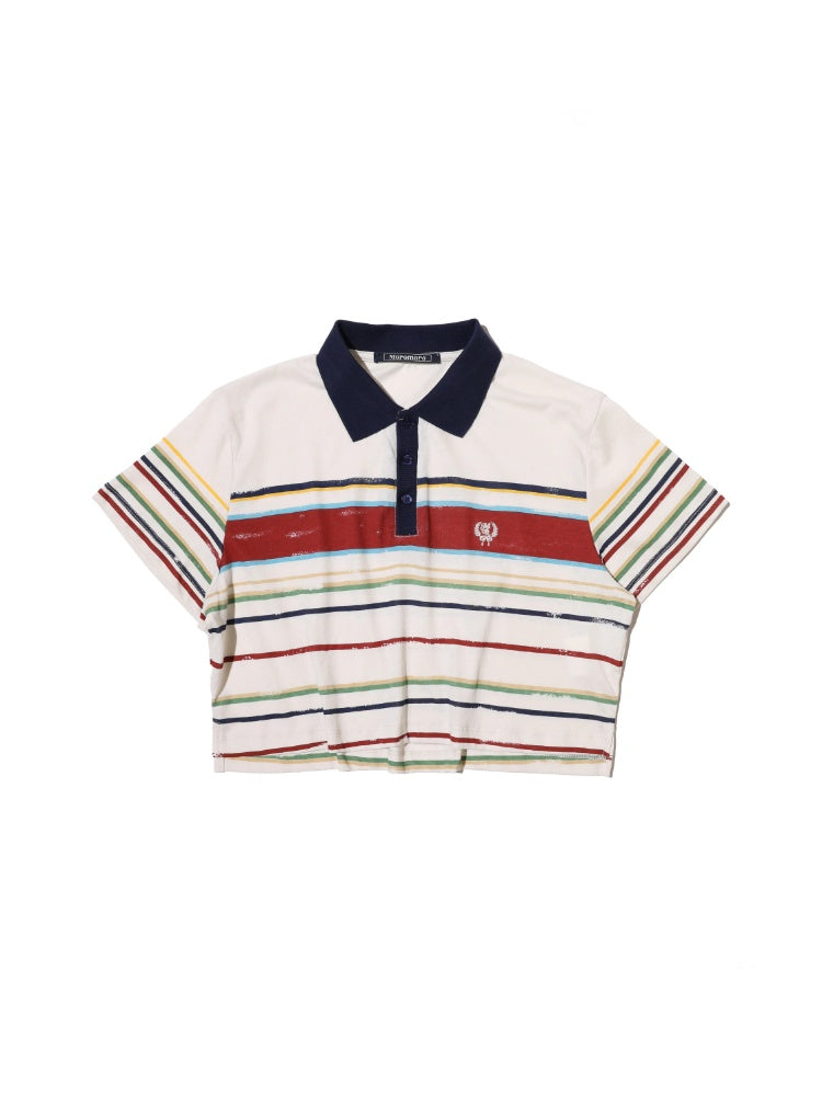 Contrast Stripe Vintage Look Cropped Polo Collar  T-Shirt【s0000012720】