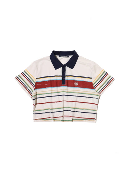 Contrast Stripe Vintage Look Cropped Polo Collar  T-Shirt【s0000012720】