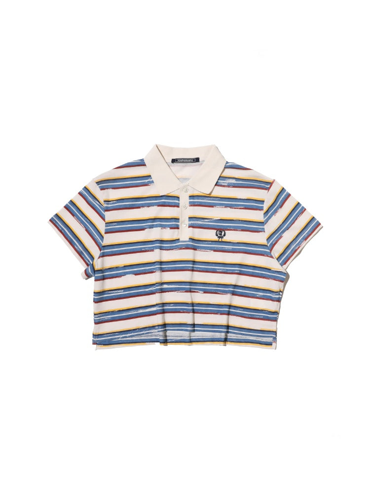 Contrast Stripe Vintage Look Cropped Polo Collar  T-Shirt【s0000012720】