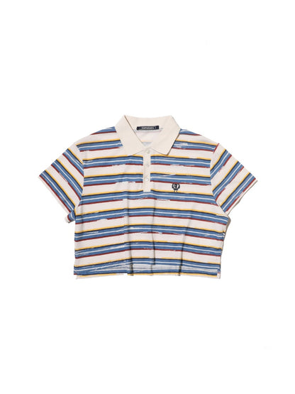 Contrast Stripe Vintage Look Cropped Polo Collar  T-Shirt【s0000012720】